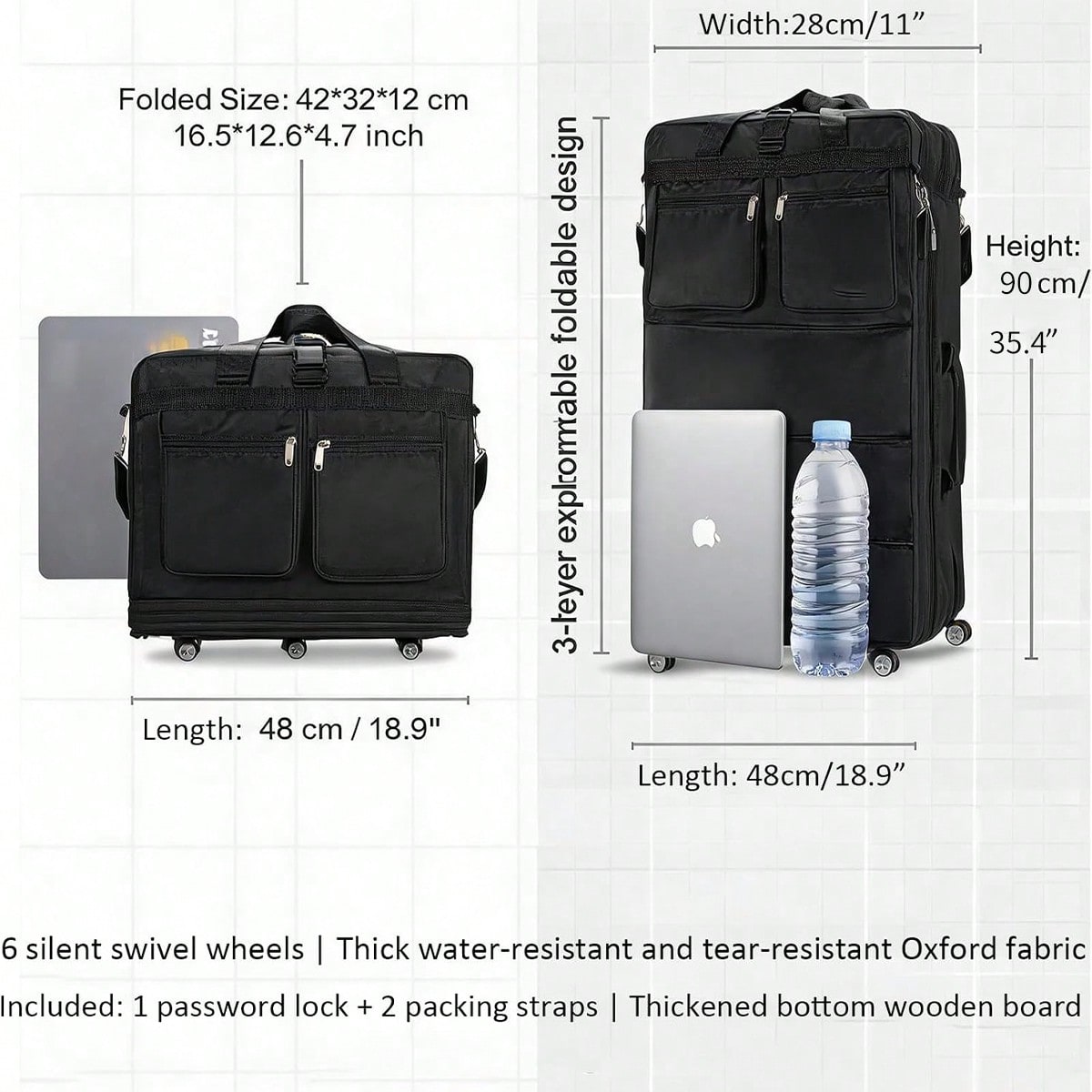 حقيبة سفر سوداء بعجلات، قابلة  - مراجعة Foldable Rolling Luggage Bag وسعره